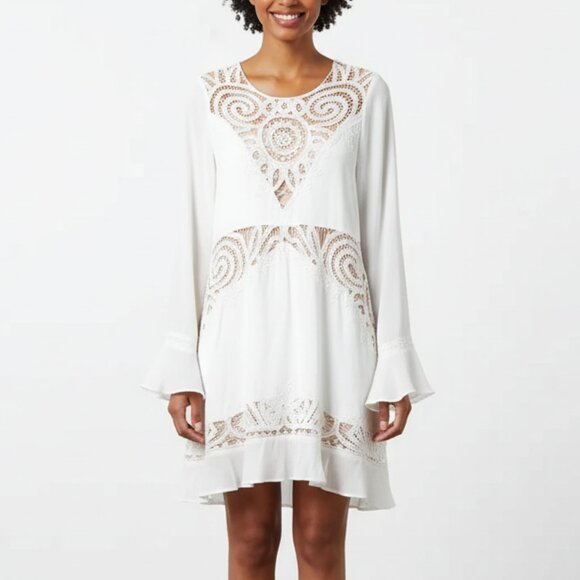 For Love and Lemons Valentina Mini Dress Lace  Flare Sleeve Lace Crochet White - Picture 2 of 16